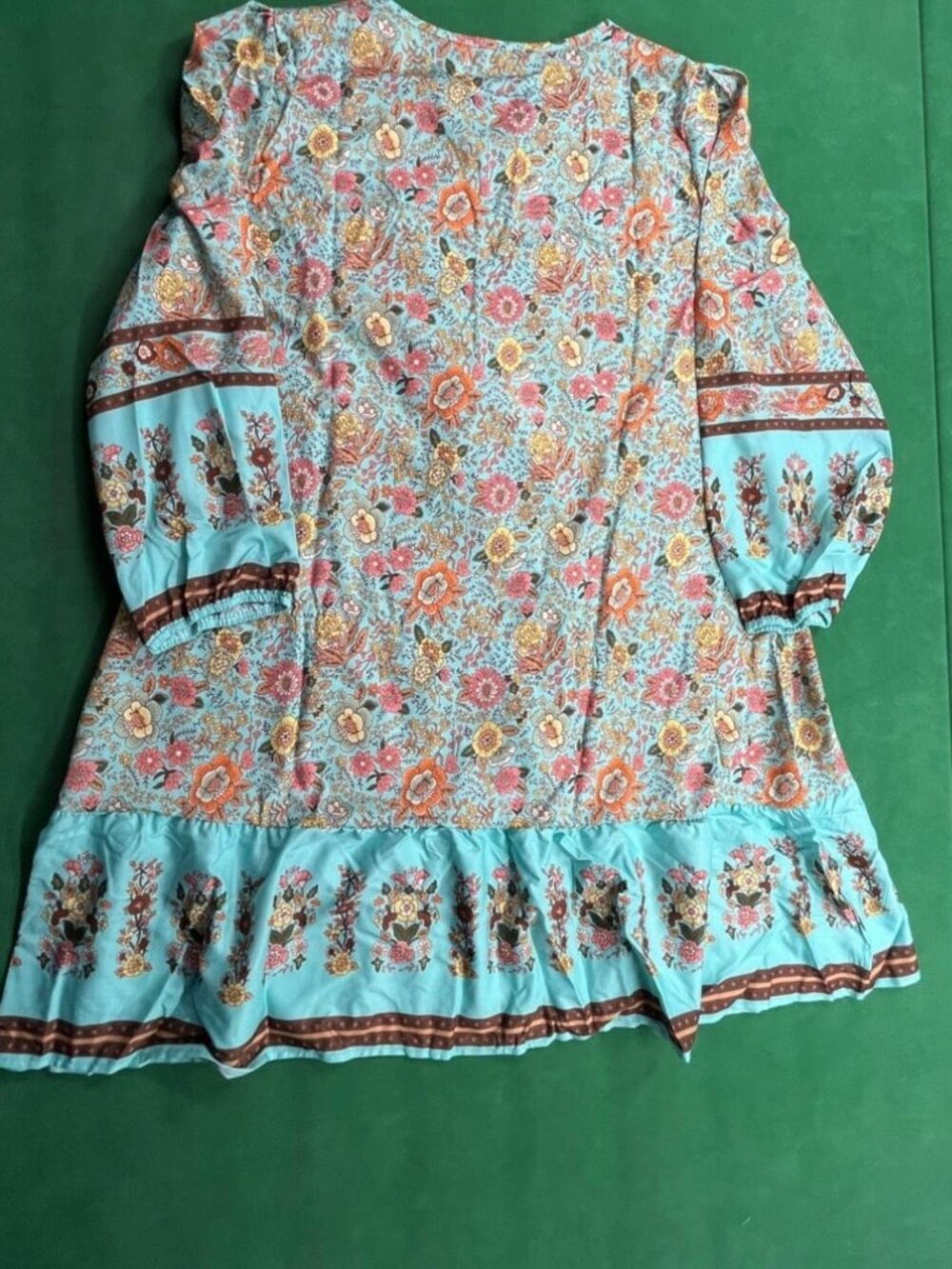 Women’s Boho Floral Mini Dress XXL Aqua Blue V-Neck Long Sleeve A-Line - Picture 4 of 5